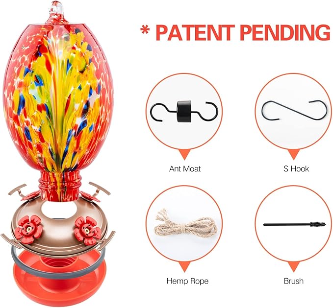 Muse Garden Glass Humming Bird Feeders for Outdoors - 27OZ Blown Glass Hummingbird Feeder - Unique Gift Mom Bird Lovers Women, Outdoors Hanging Garden Decor, Includes Ant Moat & Brush, Red Phoenix