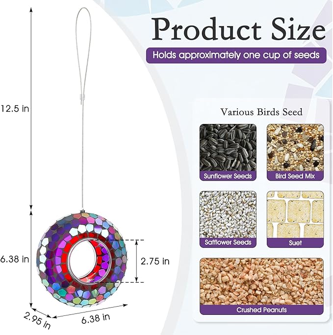 6 Inch Mosaic Glass Hanging Bird Feeder for Outdoors，Fly Through Bird Feeders for Wild Birds, Cute Seed Container with Round Shape for Backyard Window Garden Porch Decor, Aurora Purple Mosaic
