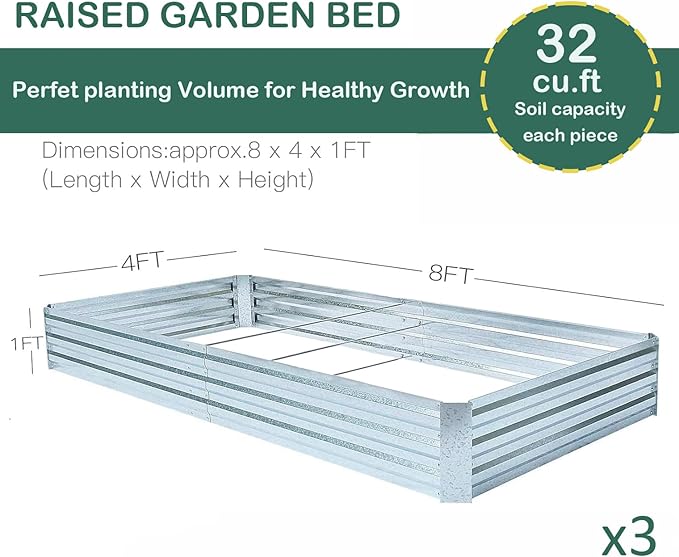 Galvanized Raised Garden Beds 3-Pack (8x4x1ft Each) – Overlapping 4-Inch Panels with Two-Row Screws, Heavy-Duty Metal Planter Box for Vegetables, Herbs, Flowers, Large Garden Kit