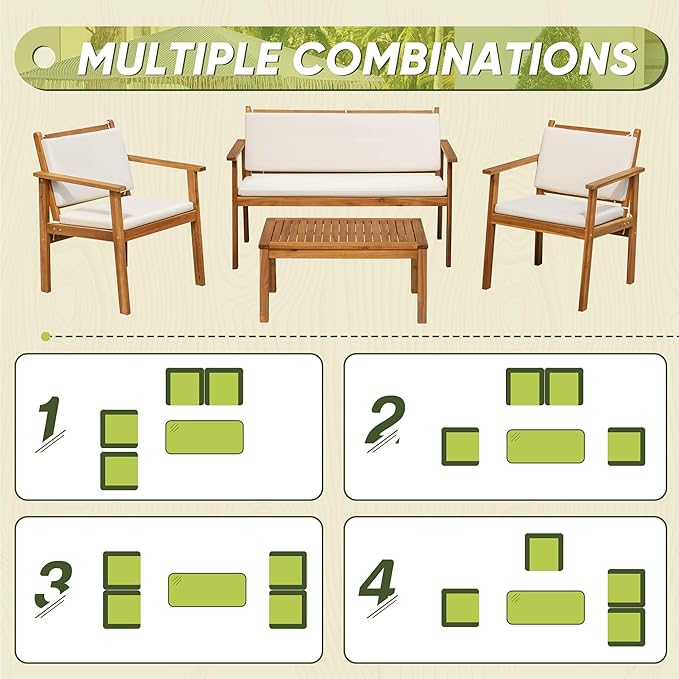 Flamaker Patio Furniture 4 Piece Outdoor Acacia Wood Patio Conversation Sofa Set with Table & Cushions Porch Furniture for Deck, Balcony, Backyard