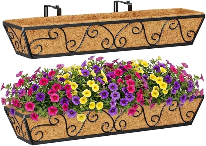 Y&M 30x7 Inch Black Outdoor Rectangular Window Box Planter - Rust Resistant Steel, Plastic Coated - Perfect for Railings, Walls, or Window Sills - Includes Coco Coir Liner