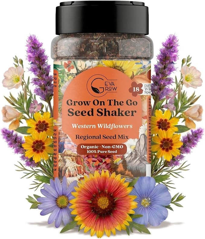 on the Go Seed Shaker - Western Wildflower Seeds Regional Mix - Organic, Non-GMO - 100% Pure Seed - 18 Different Wildflowers Seeds of Annual and Perennial, 8oz