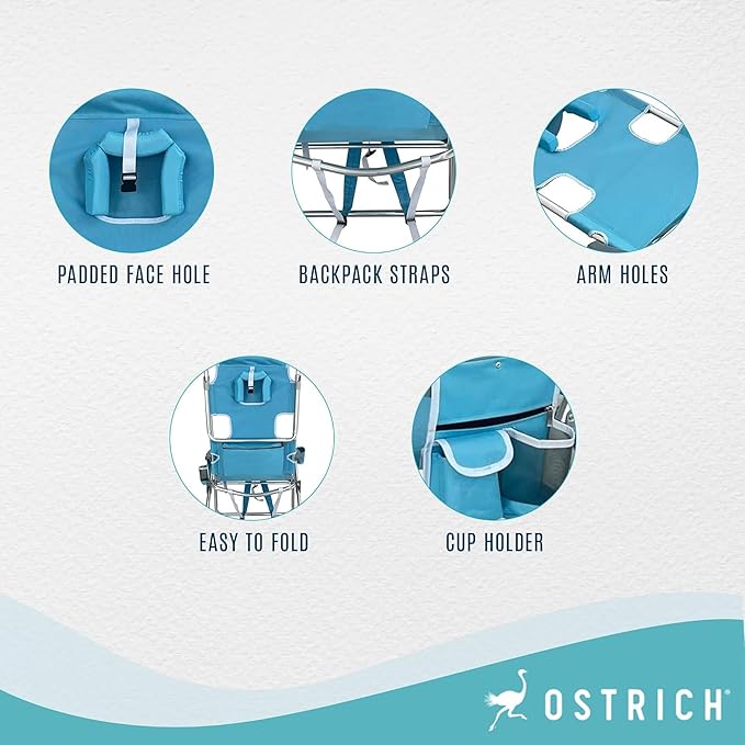 Ostrich the Backpack 3N1 Portable Chair with Cooler Bag and Reclining Lounger for Tanning, Camping, Beach, and Outdoor Essential, Light Blue
