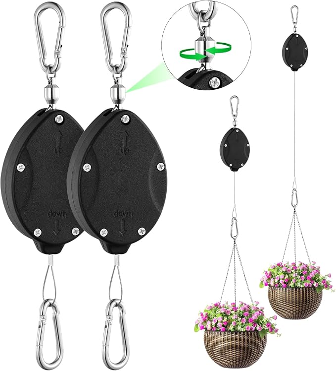 Heavy Duty Retractable Plant Hangers, Adjustable Pull-Down Pulleys with 63" Stainless Steel Rope, Double Hooks for Hanging Plants, Bird Feeders, Planters & Pots, Indoor & Outdoor Use (2Pcs- Black)