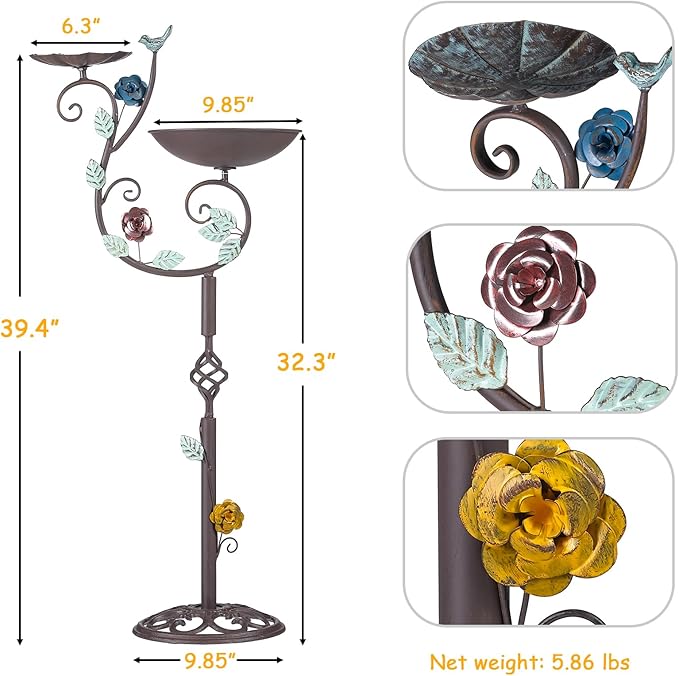 Metal Bird Bath and Feeder for Outdoors, Freestanding 39.4" H 2-in-1 Birdbaths with Cast Iron Pedestal, Retro Vine Shaped Standing Combo for Outside Garden Patio Porch