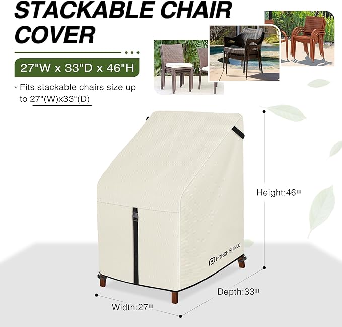 Porch Shield Patio Stackable Chair Covers - Waterproof Outdoor Stack of Chair Cover - 27W x 33D x 46H inch, Beige