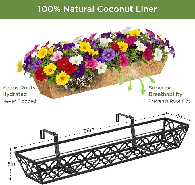 Y&M 36'' Deck Railing Planter Set with Coco Coir Liner, Large 4 Pcs Metal Deck Railing Planter Window Boxes for Outdoor Balcony, Porch, Patio, and Fence Rail