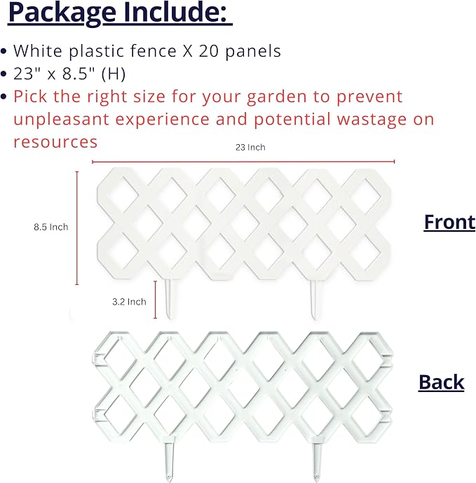 LaLaGreen Decorative Garden Edging Border (23 Inch, 10 Pack) White Plastic Fence Panels for Flower Beds Lawn Landscaping, Small Fencing Barrier Patio Paths Trees Rings Outdoor Yard Modern Style Decor