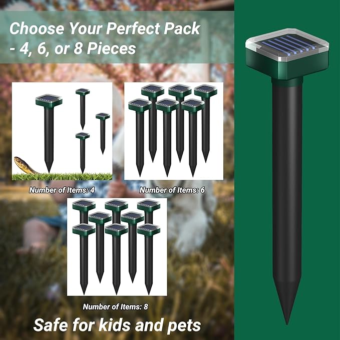 Snake Away for Outdoors, Solar Powered Snake Repellent for Yard - Sonic Snake Deterrent, Waterproof & Pet Safe for Garage, Lawn, Home Use (6)