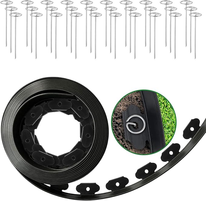 4 in Tall Landscape Edging, 120 ft Garden Border with 120 Metal Spikes, Flexible Plastic for Lawns - Black, No-Dig Design