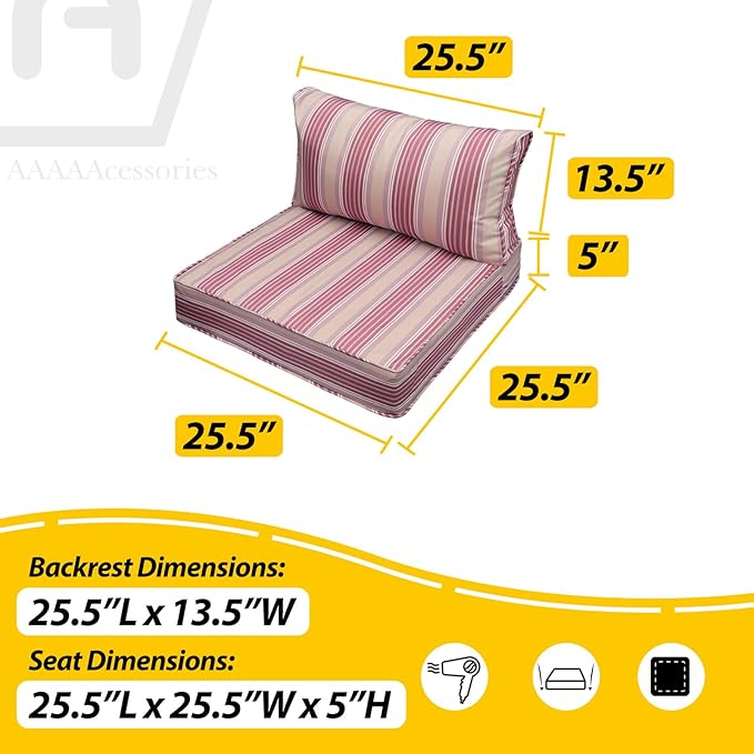 AAAAAcessories Outdoor Seat Cushions for Chairs, Fade-Resistant, Waterproof Patio Furniture Replacement Cushions, 25.5" x 25.5" x 5" + 25.5" x 13.5", Dusty Rose Garden Stripe