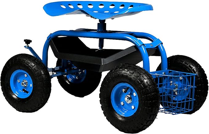Sunnydaze Rolling Garden Cart with Seat - Garden Stool with Wheels and Adjustable 360-Degree Swivel Seat - Utility Tool Tray and Storage Basket - Blue