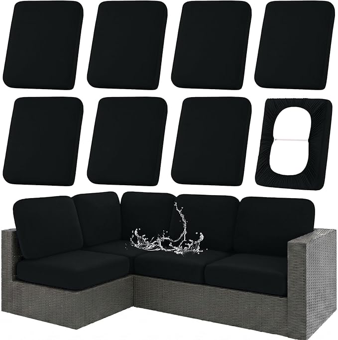 hyha Waterproof Outdoor Cushion Covers for Patio Furniture, Stretch Patio Chair Cushion Slipcovers, Coated UV Resistant Replacement Seat Covers, Solid Color (Black, 8PC)