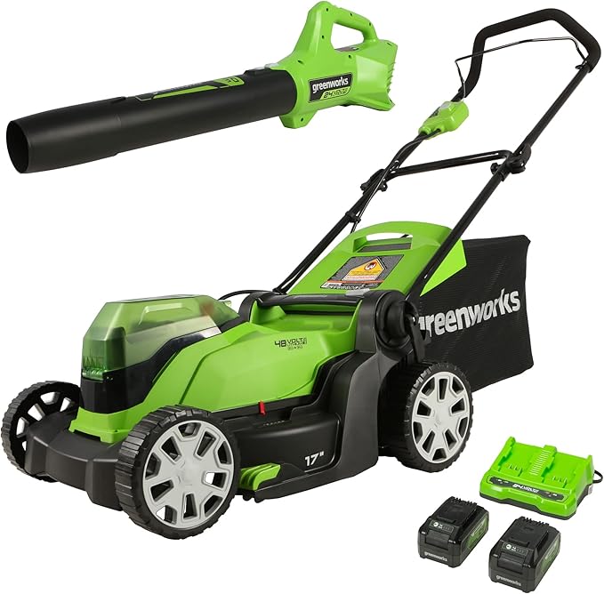 Greenworks 48V 17" Cordless Electric Lawn Mower, Leaf Blower, (2) 4.0Ah Batteries and Rapid Charger