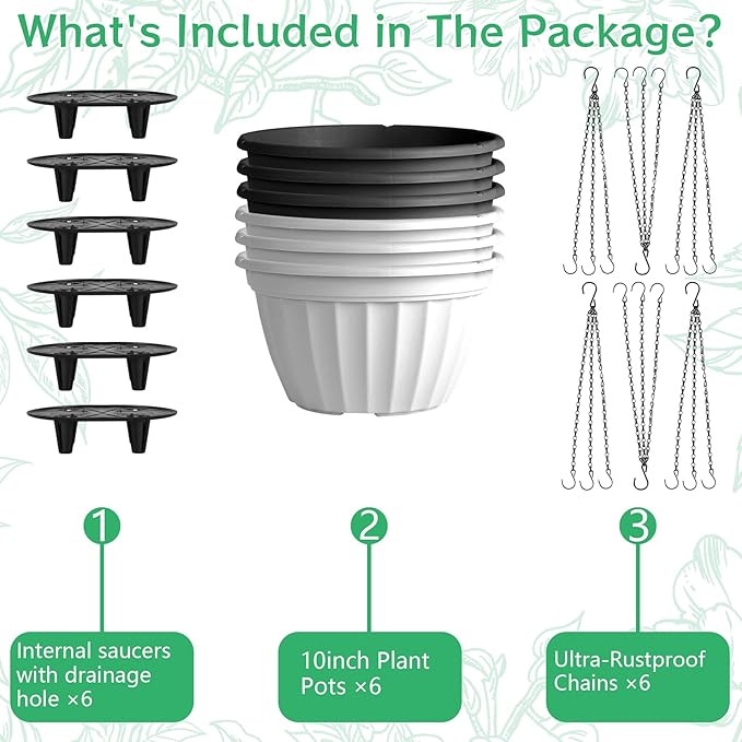 FGstyle Outdoor Plastic Hanging Pot 6 Pcs 10 inch Black and White