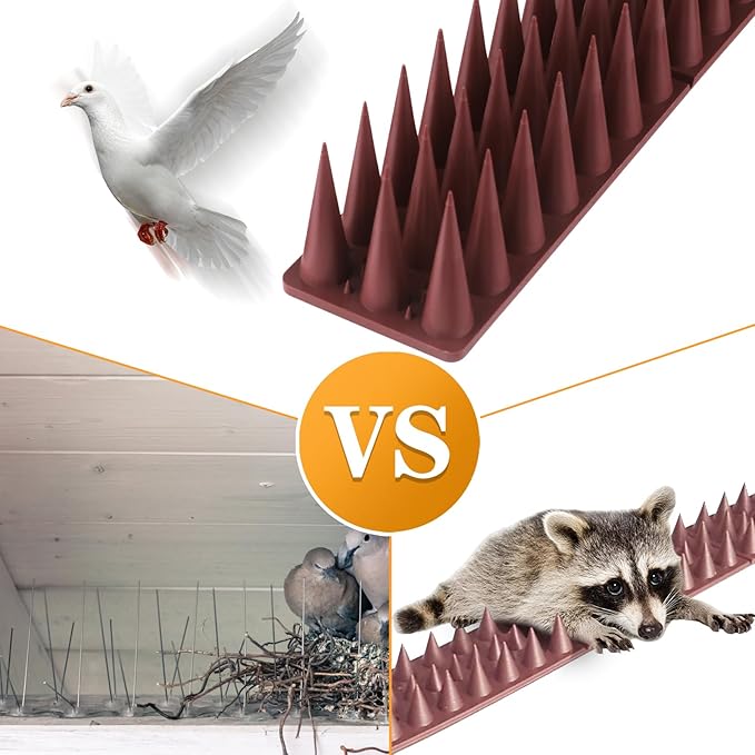 BORHOOD Bird Spikes, 30 Pack Robin Deterrent for Small Pigeon Squirrel Raccoon Cats Defender for Outside to Keep Birds Away, Plastic Fence Spike for Railing and Roof-Brown
