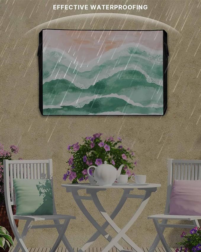 Outdoor TV Cover for Outside Flat Screen,Green Gradient Ripple Ocean 600D Thick Waterproof Weatherproof Outdoor TV Screen Protector with Zipper for 60 to 65 Inch Flat Screens Abstract Geometric Art