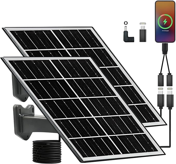 5V 16W Solar Panel for Security Camera IP65 Waterproof USB Solar Panel Charger Type-C Port、Micro USB Port＆DC Port Solar Sanels for Cameras with 9.8ft Charging Cable(8W black-2pack)