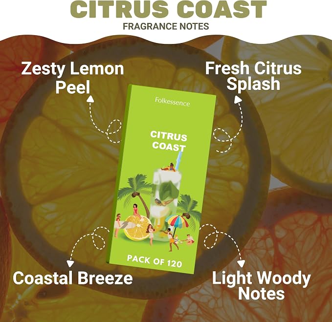 Folkulture Incense Sticks (120 Sticks) | Citrus Incense for Odor Eliminator, Aromatherapy & Summer Vibes | Organic, Long Burning, Charcoal-Free, Non-Toxic Insence-Sticks for Summer Teachers Gifts