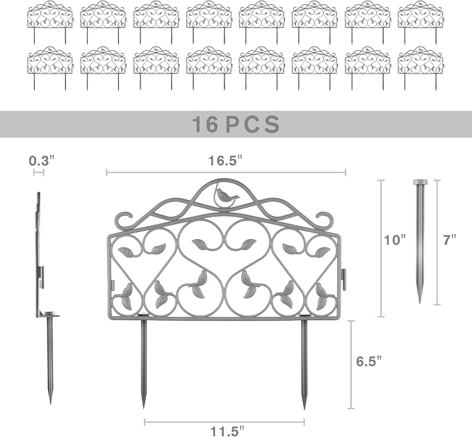 Evelyne Decorative Garden Border Plastic Edging – PP Plastic, Short Metal-Free Faux Wrought Iron Leaf & Bird Design, 16pcs Yard Landscaping Fence Liner Lawn Edge Barrier, 20ft Kit of Decorative Panels