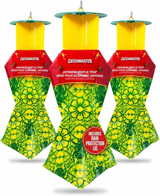Catchmaster Japanese Beetle Traps w/Rain-Proof Cap 3-Pack & Dual Lure, Beetle Bag Trap, Hanging Beetle Catcher, Pest Control for Backyard & Garden, Plants, Trees, Vegetables & Flowers