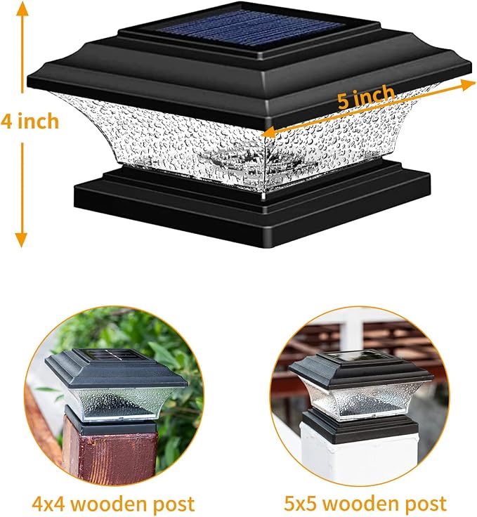 HUYIENO Solar Post Cap Lights - Outdoor LED Deck Fence Cap Light, 9 Light Modes, Bright White/7 Color Fixed & Cycling Modes, Suitable for 4x4 & 5x5 Wooden Posts, Black, 4pk