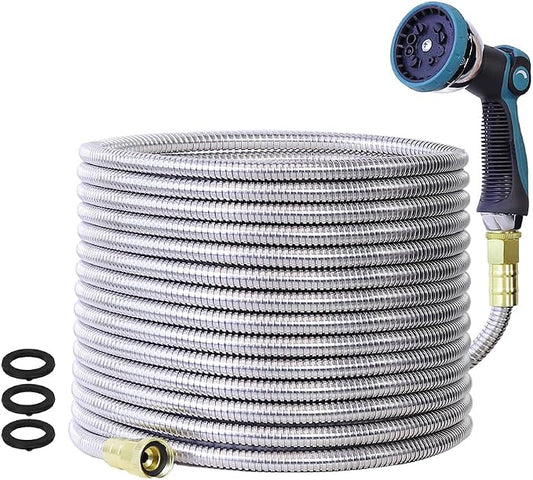100FT Garden Hose, Stainless Steel Water Hose, Flexible with a 10-Mode Nozzle Sprayer, No Kink, Lightweight, Puncture Proof, Ideal for Yard, Lawn, Outdoor, 5/8'' Outside Diameter