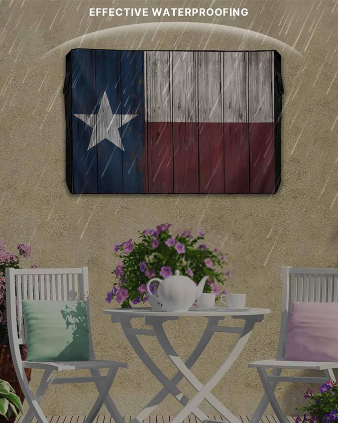 Western Texas Star Outdoor TV Cover 70-75 Inch Weatherproof, Country Outdoor TV Enclosure with Zipper & Roll Up Front Flap, Blue White Red Wood Waterproof TV Covers for Outside Flat Screen TV