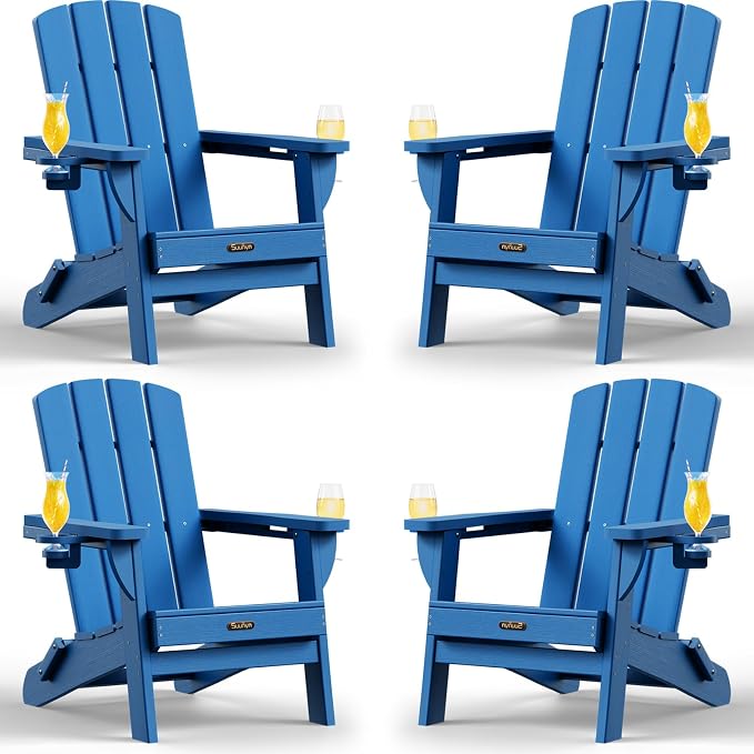 Folding Adirondack Chair Set of 4, HDPE Adirondack Chairs with 2 Cup Holder, Plastic All-Weather Fire Pit Chairs, Outdoor Lawn Chair for Patio Garden (Ocean Blue)