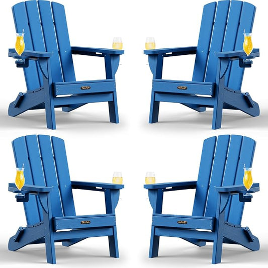 Folding Adirondack Chair Set of 4, HDPE Adirondack Chairs with 2 Cup Holder, Plastic All-Weather Fire Pit Chairs, Outdoor Lawn Chair for Patio Garden (Ocean Blue)
