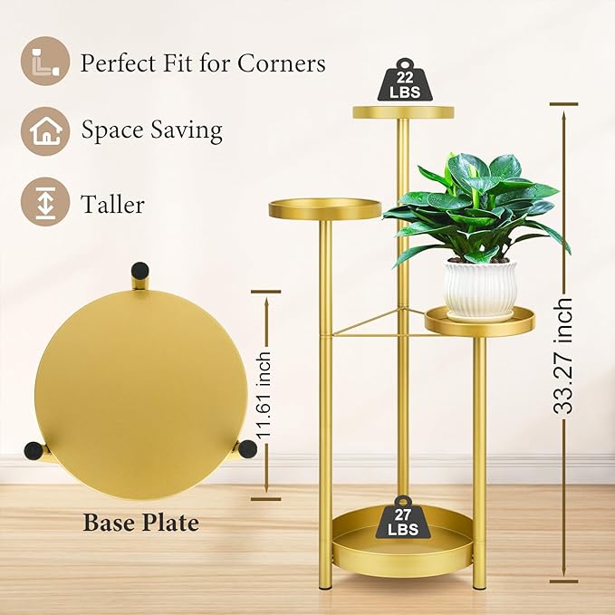 Matekxy Metal Plant Stand Indoor Outdoor 4-Tiper with 4 Flower Pot Holders Corner Tall Plant Shelves Multiplel Foldable Planter Rack Display Shelves for Livingroom, Bedroom, Office - Gold