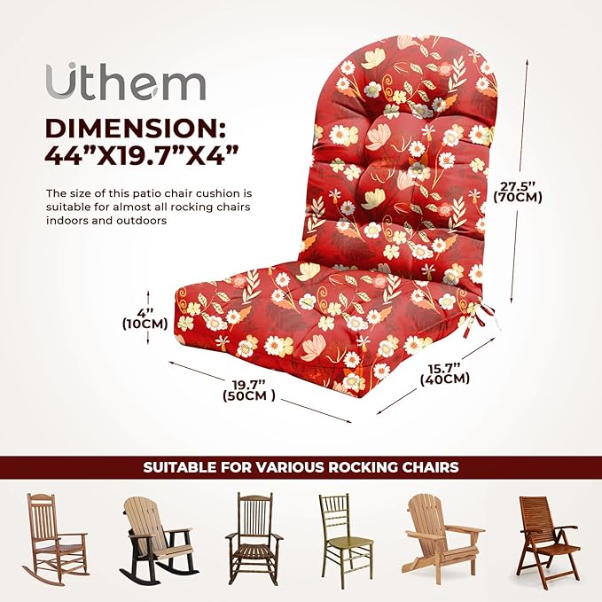 Adirondack Chair Cushion Waterproof Indoor Outdoor Rocking Chair Cushion 44 Inches Patio High Back Chair Cushions Thickened Adirondack Rocking Chair Cushions with Ties, Red Peony