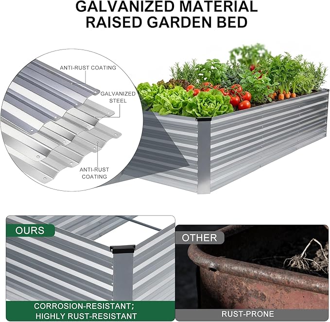 8x3x2FT Galvanized Raised Garden Bed, Outdoor Metal Raised Planter Box for Vegetables, Elevated Rust-Resistant Rectangle Gardening Container Kit with Reinforced Panels for Backyard, Patio(Silver)