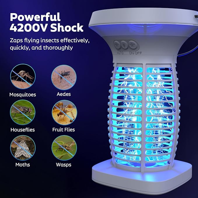 OnBeam Solar Bug Zapper Outdoor, Mosquito Zapper Outdoor Waterproof Electric Fly Zapper Rechargeable Mosquito Killer with Solar Panel, 4200V Fly Trap Indoor for Home Backyard, Patio, Garden, Camping