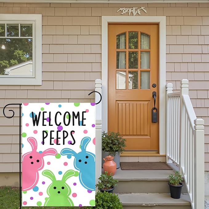Welcome Peeps Garden Flag Easter Bunny Design Double Sided Outdoor Yard Flags Colorful Spring Porch Patio Lawn Farmhouse House Banners for Easter Egg Hunt Party Seasonal Home Décor 12x18 Inch