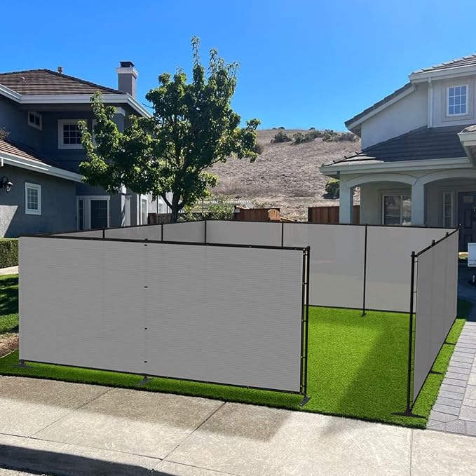 6'x124' Privacy Fence Kit Freestanding Mesh Screen with Iron Poles Temporary Fencing Outdoor Patio Backyard Divider Dog Air Conditioner Trash Fence Light Gray Custom