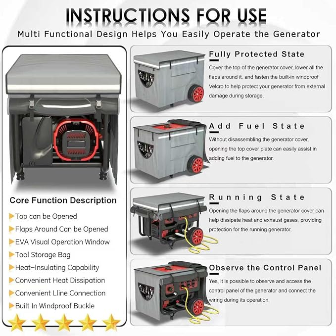 Generator Covers While Running, Universal Generator Cover, 600+210D Double Layer Production, Heavy Duty and Waterproof, 28 "L x 20" W x 20 "H, for 3000W-5000W+ Frame Type Generators, Grey