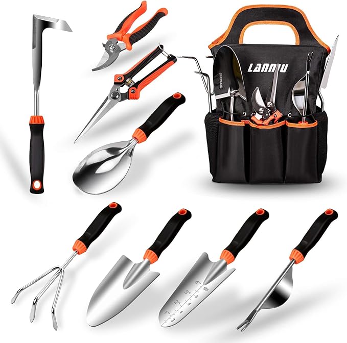 9 Piece Garden Tool Set - Heavy Duty Stainless Steel Gardening Hand Tools with Ergonomic Non-Slip Rubber Handles, Pruning Shears, Trowel and 600D Storage Tote Bag, Gardening Gifts for Women