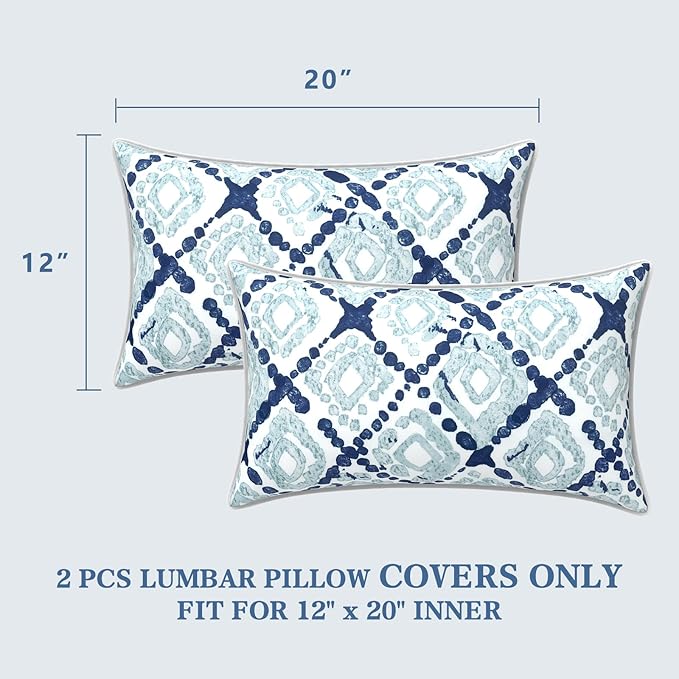 LVTXIII 2 Pack Outdoor Lumbar Pillow Covers 12x20 Inch with Piping, Water-Repellent Back Cushion Covers ONLY for Patio Furniture, Sofa, Garden Bench, Boho Geometry Blue