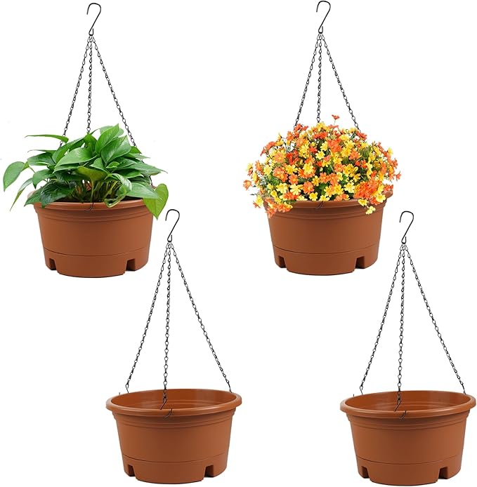 4 Pack 10 Inch Hanging Planters for Indoor Plants, Hanging Baskets for Plants Outdoor with Removable Tray, Plastic Round Hanging Flower Pots with Drainage Holes for Garden Home Decoration (Terracotta)