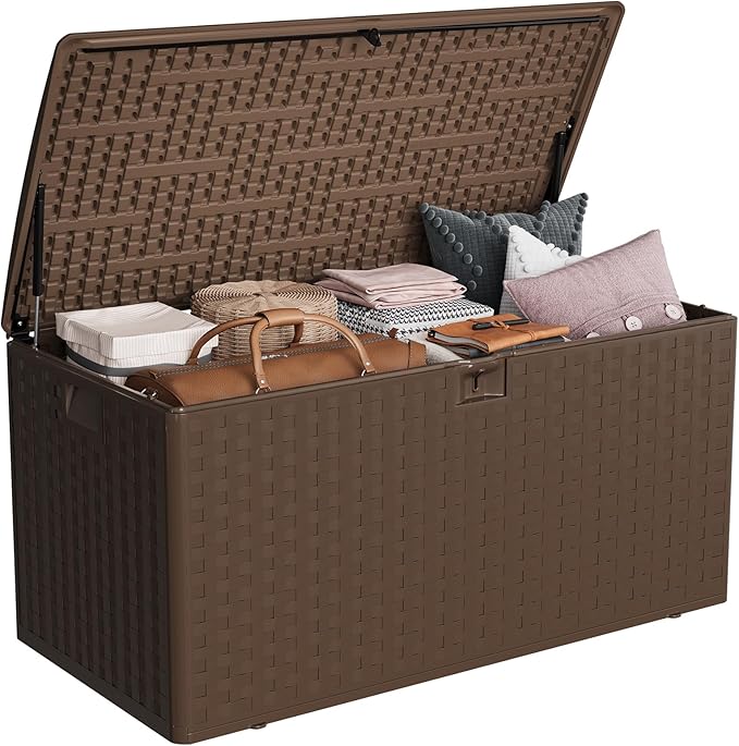 100 Gallon Outdoor Storage Box, Lockable Deck Box with Lid, Waterproof & UV-Resistant Plastic Storage Bin for Patio Cushions, Garden Tools, Pool Accessories-Brown Imitation Rattan Grain
