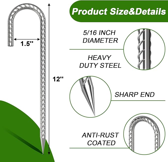 AAGUT Rebar Stakes 12 Inch J Hook Heavy Duty 32 Pack, 5/16 Inch Galvanized Metal Steel Ground Anchors Chain Link Fence Stakes for Camping Tent, Inflatables, Yard Decorations, Canopies & Swing Sets