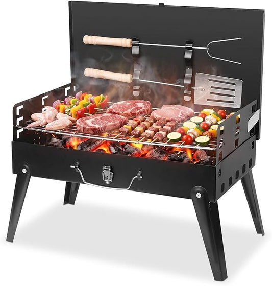 KOCASO Portable Charcoal Grill, Foldable BBQ Suitcase Grill Shelf for Outdoor Camping Picnics Garden Grilling – 16.7x10x17.7 in