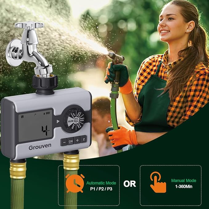 Water Timer for Garden Sprinkler Hose Timer with Rain Delay, Manual, Automatic Watering System Programmable，2 Outlet