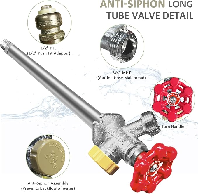 12inch Anti-Siphon Frost Free Sillcock, No Lead Brass Frost Proof Outdoor Faucet Bib with Backflow Preventer, 1/2" Push-to-Fit Connector X 3/4 Inch Hose Bibb Frost Free Spigot
