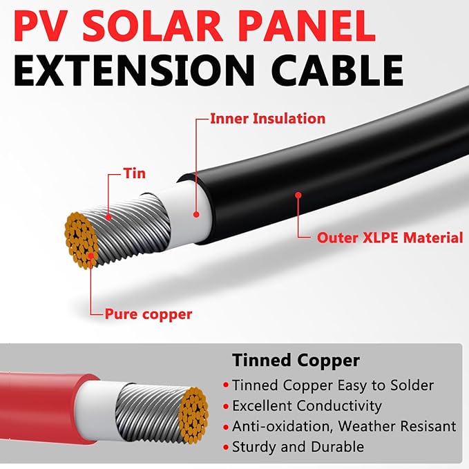 Vansdon 2x20 Feet Solar Panel Extension Cable, 10AWG Solar Cable, Solar Panel Cable with Female and Male Waterproof Connectors for RV, Photovoltaic Systems (20FT Red + 20FT Black)