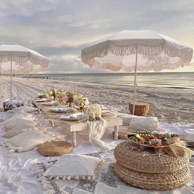 6.5 Ft Fringe Patio Umbrella and 71"x 91" Extra Large White Picnic Blanket UPF50+ Outdoor Tassels Ruffles Beach Umbrella with Steel Pole for Camping Patio Lawn Beach Park