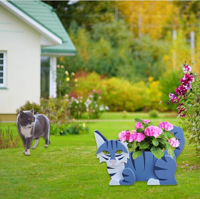 Sapphire White Cat Planter,Cute Cat Flower Pot,Gifts for Pet Lovers,Unique Animal Plant Pots,Office,Indoor Outdoor Garden Decor（12.5 * 5.12 * 7.8in）