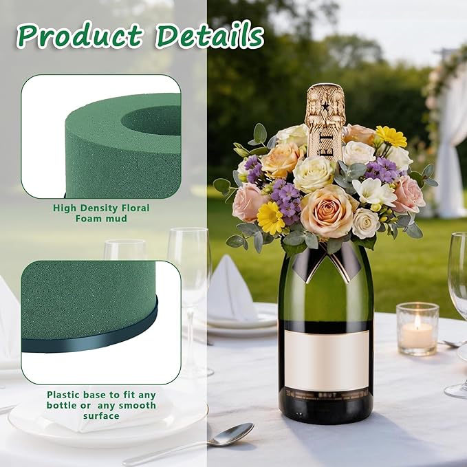 6 Pcs Mini Floral Foam Holder for Wine Bottle, Green Floral Foam Round with Plastic Base, Floral Arrangement Supplies for Wedding Party Table Wine Bottle Decor (6)