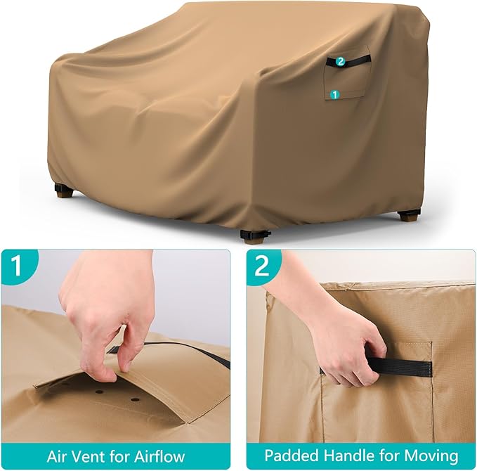 Patio Sofa Cover Waterproof - Heavy Duty 2-Seater Outdoor Couch Cover, Patio Furniture Covers with Air Vent and Handles, 60" L ×34" D×30" H, Brown
